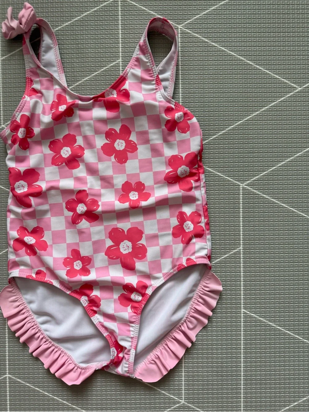 Small shop|Big girl swimsuit,Pink Floral Checkerboard One-Piece Swimsuit,boho•7 - Picture 5 of 7
